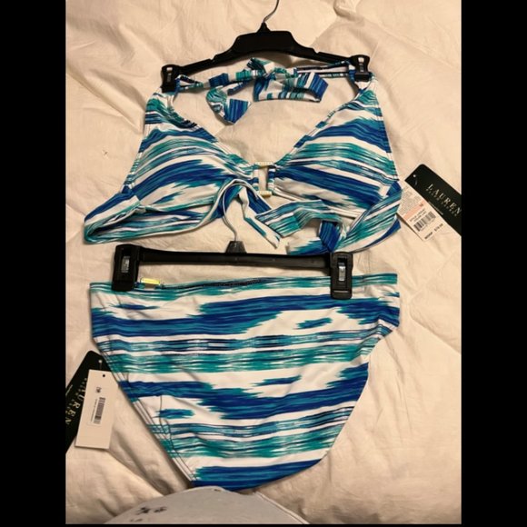Ralph Lauren blue white & green bikini set top size 10 bottoms  size 8 & 10 - Picture 2 of 4